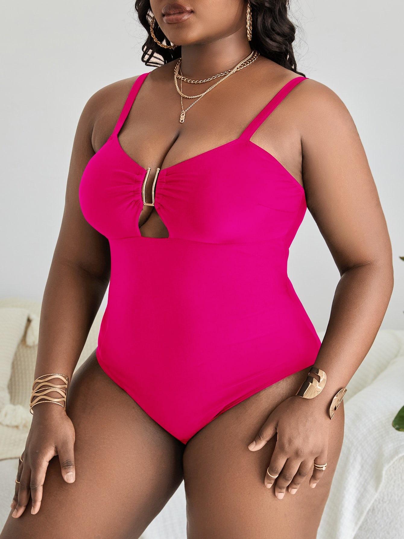 Solid Color Deep V Sexy Hollow Plus Size One-piece Swimsuit